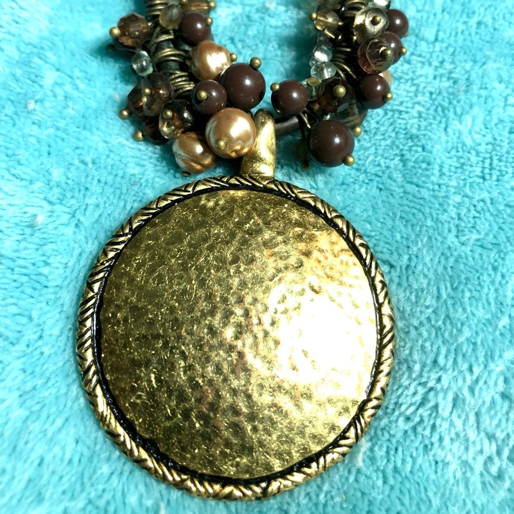Premier Designs Carmel Latte Gold Tone Medallion Pendant Necklace with beads